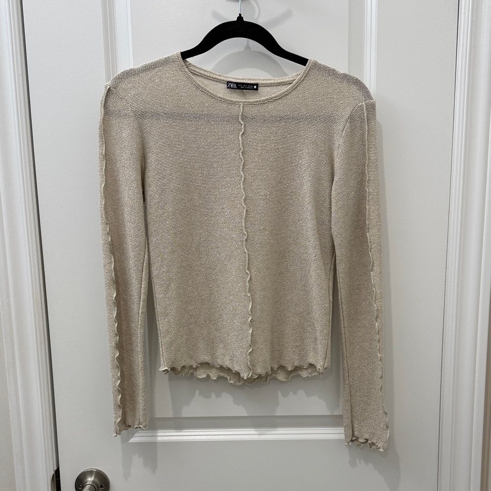 Zara Semi-sheer Beige Long Sleeve Top